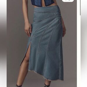 Anthropologie Blue Washed Denim Asymmetrical Midi Skirt with Slit and Seams